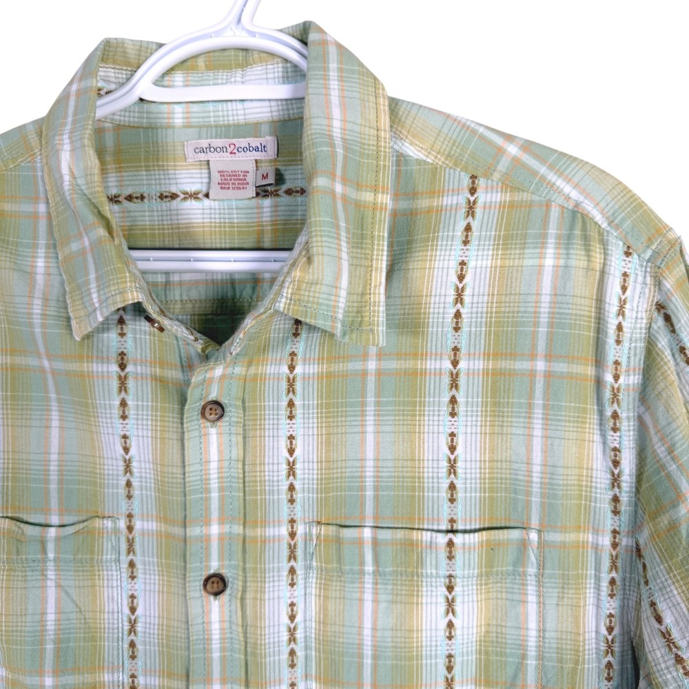 Carbon2Cobalt Button Up Shirt Mens M Green Plaid Striped Short Sleeve‎ Cotton